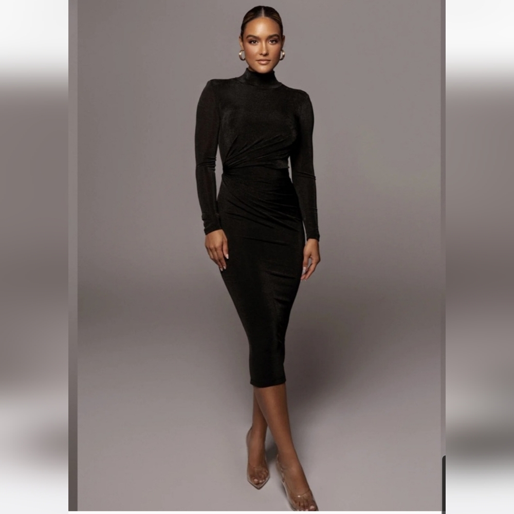 JLUXLABEL Black Ruched Long Sleeve Bodycon Dress